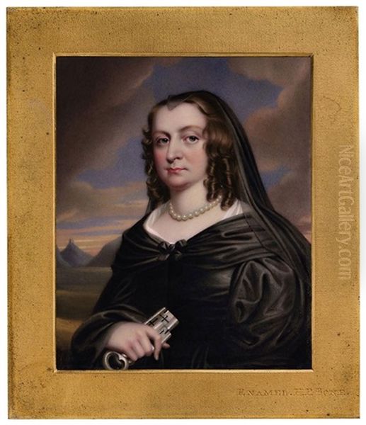 Lady Bankes, Nee Mary Hawtrey In Widow's Dress, Gauze Veil, Pearl Necklace, Holding The Keys To Corfe Castle, Dorset (after John Hoskins) Oil Painting by Henry-Pierce Bone