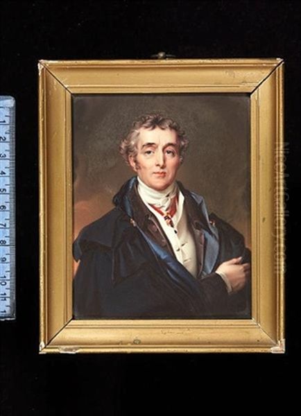 Arthur Wellesley, 1st Duke Of Wellington, Wearing Brown Coat, White Waistcoat, Tied Cravat, Blue-lined Black Cloak With Gold Clasps Oil Painting by Henry-Pierce Bone