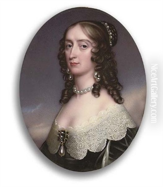 The Winter Queen, Princess Elizabeth, Queen Of Bohemia, In Black Silk Dress With Slashed Sleeve Revealing White Underdress, Decollete Lace Collar, Large Jewel-set Gold Brooch At Corsage Oil Painting by Henry-Pierce Bone