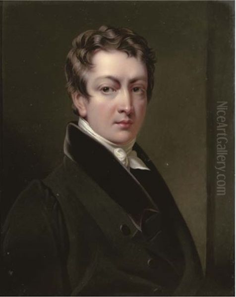 A Young Gentleman, In Black Coat With Black Buttons, Velvet Collar And White Knotted Cravat Oil Painting by Henry-Pierce Bone