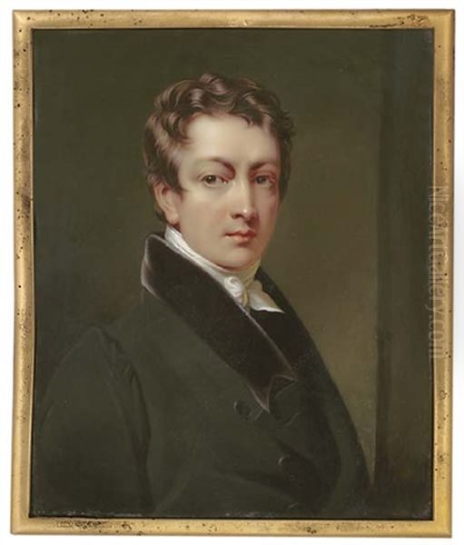 A Young Gentleman, In Black Coat With Black Buttons, Velvet Collar And White Knotted Cravat Oil Painting by Henry-Pierce Bone