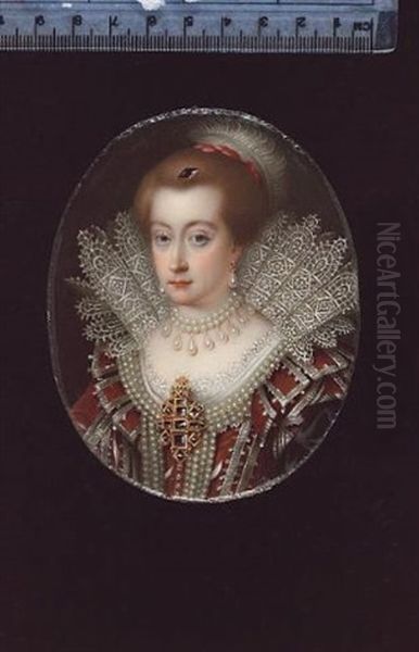 Anne Of Denmark, Queen Consort, Wearing Red-brown Dress Trimmed With White Silk And Pearls, Large Jewelled Brooch At Her Corsage, Pearl Necklace, Pendant Pearl Earrings, Standing White Lace Collar Oil Painting by Henry-Pierce Bone