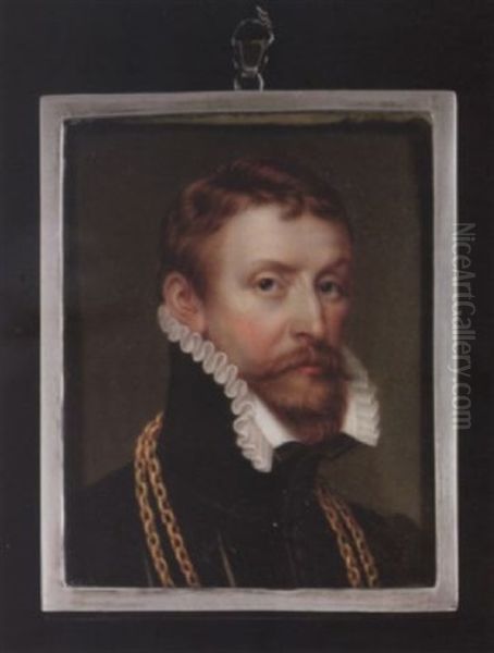 Self-portrait, Wearing Black Doublet, Slashed To Reveal White, White Ruff Collar And Two Gold Chains Oil Painting by Henry-Pierce Bone