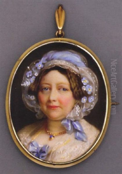 Princess Augusta Sophia In Dress With Blue Bow At Corsage, Lace Shawl, Gold Necklace With Pendant, Spotted Muslin Cap And White Flowers In Her Brown Hair Oil Painting by Henry-Pierce Bone