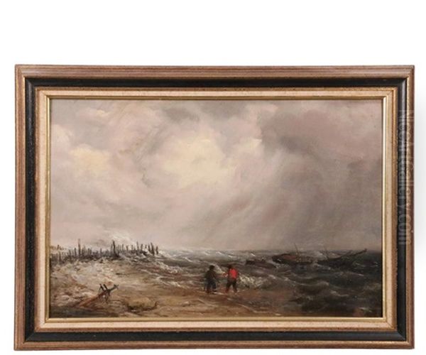 Shipwreck At Ruined Seawall Oil Painting by George Robert Bonfield