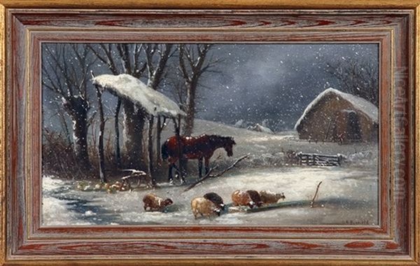 Nocturnal Winter Scene With Falling Snow And Farm Animals By Stable Oil Painting by George Robert Bonfield