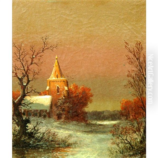 Snowed In Church At Dusk Oil Painting by William van de Bonfield