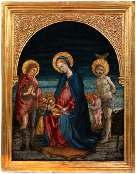 Maria Mit Dem Kind Umgeben Von Engeln, Mit Den Heiligen Rochus Und Sebastian Oil Painting by Benedetto Bonfigli