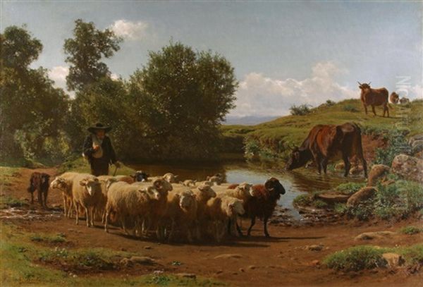 The Shepherd And His Flock Oil Painting by Auguste (Francois Auguste) Bonheur