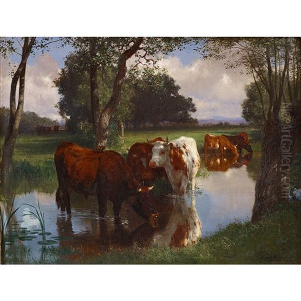 Cattle Watering In A Stream Oil Painting by Auguste (Francois Auguste) Bonheur