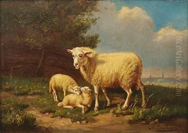 In Sommerlicher Landschaft Schaf Mit Zwei Lammern Oil Painting by Auguste (Francois Auguste) Bonheur