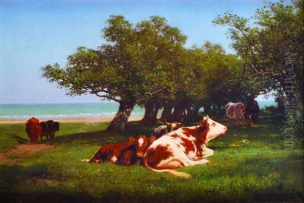 Le Repos Du Troupeau Pres De La Cote Normande Oil Painting by Auguste (Francois Auguste) Bonheur