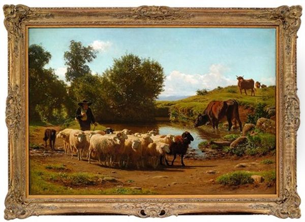 Schafherde Und Hirte In Sommerlicher Landschaft Oil Painting by Auguste (Francois Auguste) Bonheur