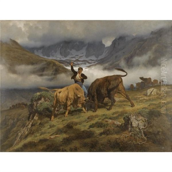 Le Combat, Souvenir Des Pyrenees Oil Painting by Auguste (Francois Auguste) Bonheur