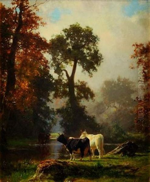 Le Troupeau Au Bord De La Riviere Oil Painting by Auguste (Francois Auguste) Bonheur