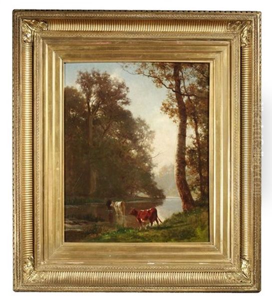 Baumgesaumtes Flussufer Mit Kuhen Oil Painting by Auguste (Francois Auguste) Bonheur