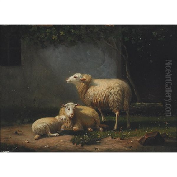 Sheep In A Farmyard (+ Sheep In A Pasture; 2 Works) Oil Painting by Auguste (Francois Auguste) Bonheur