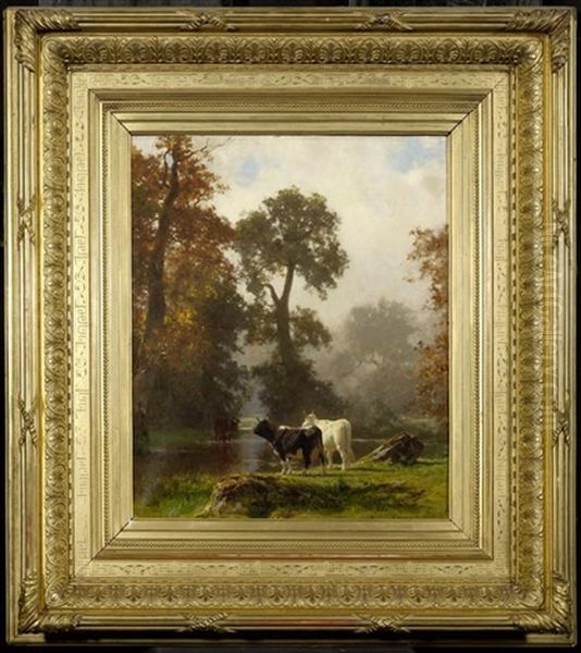 Waldlandschaft Mit Kuhen Am Ufer Oil Painting by Auguste (Francois Auguste) Bonheur