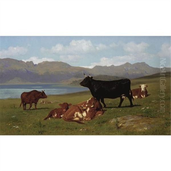 Cattle Grazing On A Hillside With A Lake In The Near Distance Oil Painting by Auguste (Francois Auguste) Bonheur