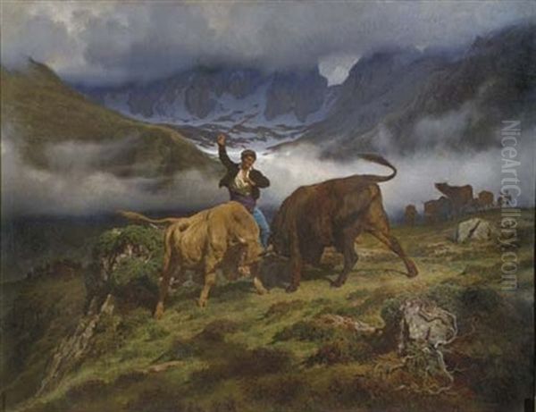 Le Combat, Souvenir Des Pyrenees Oil Painting by Auguste (Francois Auguste) Bonheur