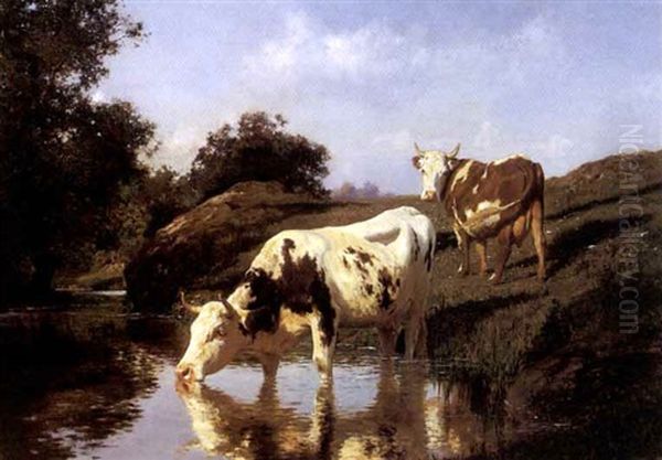 Vaches S'abreuvant A La Riviere Oil Painting by Auguste (Francois Auguste) Bonheur