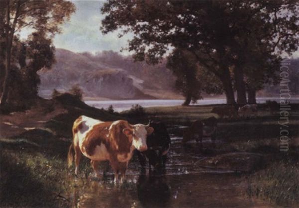 Cattle Watering Oil Painting by Auguste (Francois Auguste) Bonheur