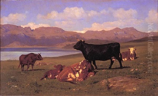 Cattle In The Pyrenees Oil Painting by Auguste (Francois Auguste) Bonheur