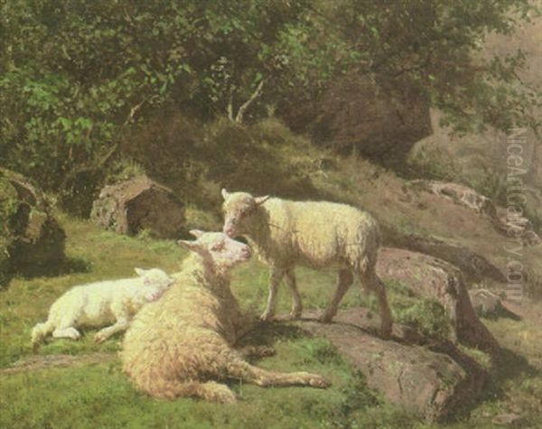 A Summer Landscape With A Sheep And Two Lambs Oil Painting by Auguste (Francois Auguste) Bonheur