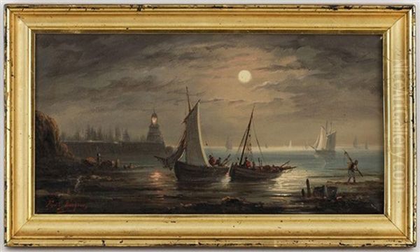 Bateaux De Pecheurs Dans La Rade Au Clair De Lune Oil Painting by Ferdinand Bonheur