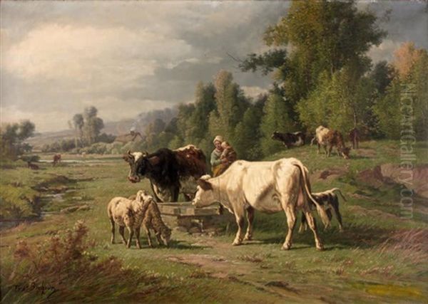 Vaches, Veau Et Moutons A L'abreuvoir Oil Painting by Ferdinand Bonheur