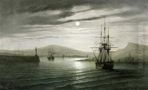 L'entree Du Port Au Clair De Lune Oil Painting by Ferdinand Bonheur