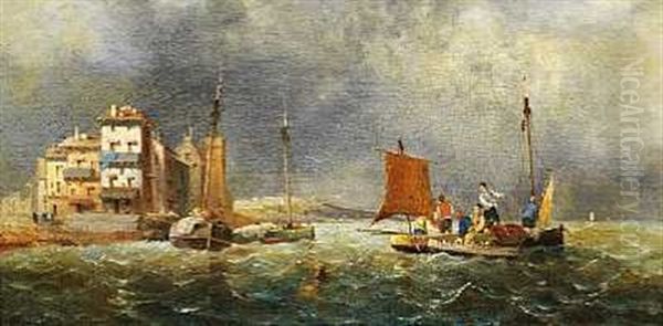 Sydlandsk Havnemotiv Med Fiskerbade I Forgrunden Oil Painting by Ferdinand Bonheur