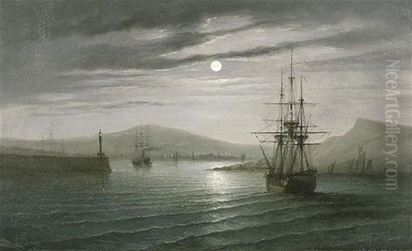 L'entree Du Port Au Clair De Lune Oil Painting by Ferdinand Bonheur