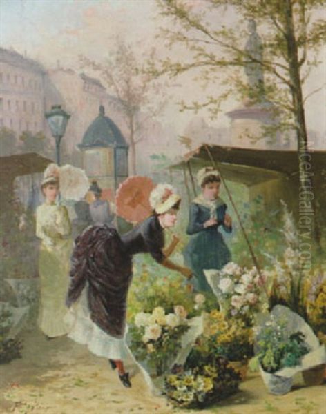 Kvinnor Pa Blomstermarknad Oil Painting by Ferdinand Bonheur