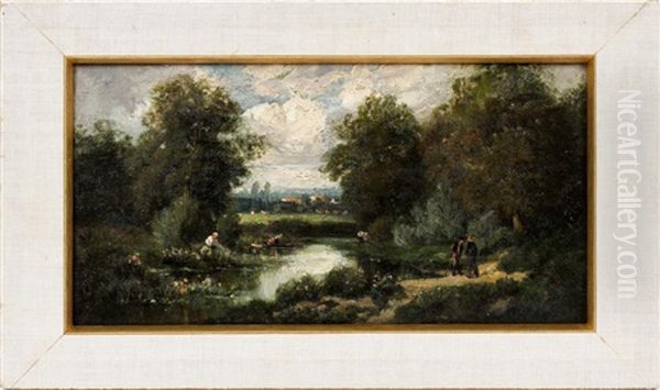 Men By Pond Oil Painting by Isidore Jules Bonheur