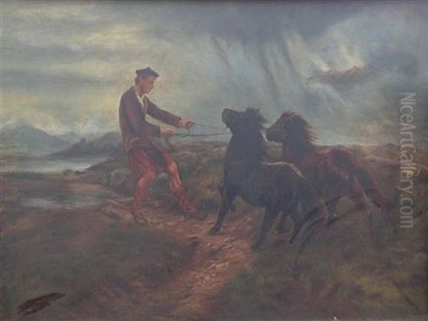 Ghillie And Two Shetland Ponies In A Misty Landscape Oil Painting by Rosa Bonheur