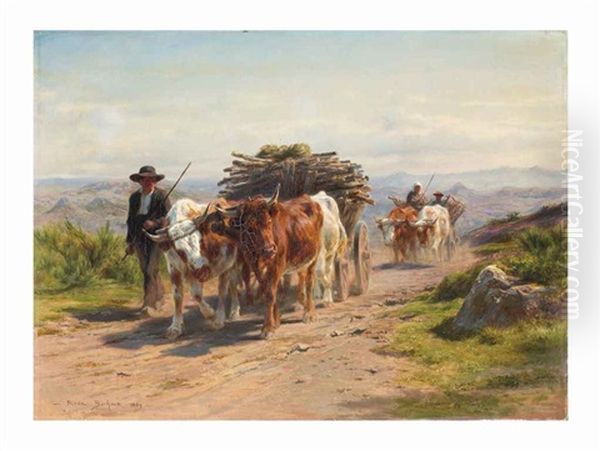 Charrette Attelee De Vaches, Et Bouvier, En Auvergne Oil Painting by Rosa Bonheur