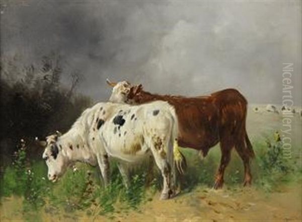 Two Bulls In A Pasture Oil Painting by Rosa Bonheur