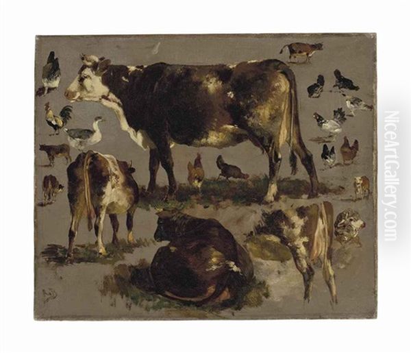 Studies Of Cows, Hens, Roosters, A Goose And A Sheep Oil Painting by Rosa Bonheur