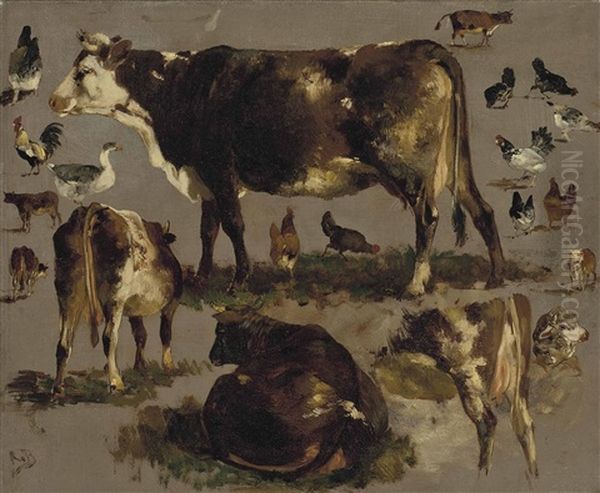 Studies Of Cows, Hens, Roosters, A Goose And A Sheep by Rosa Bonheur