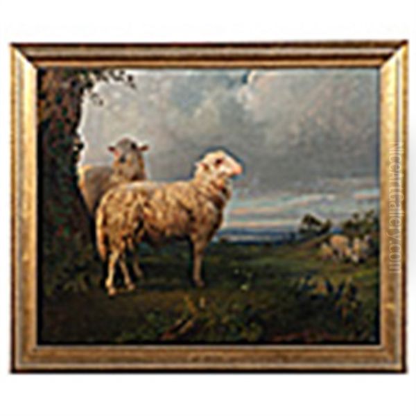 Flock Of Sheep Grazing In A Meadow Oil Painting by Rosa Bonheur