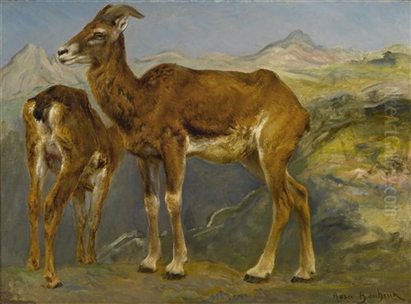 A Sketch Of Two Mountain Goats In A Landscape Oil Painting by Rosa Bonheur