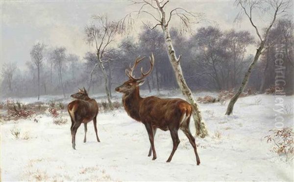 Cerf Et Biche Dans Un Paysage Enneige Oil Painting by Rosa Bonheur