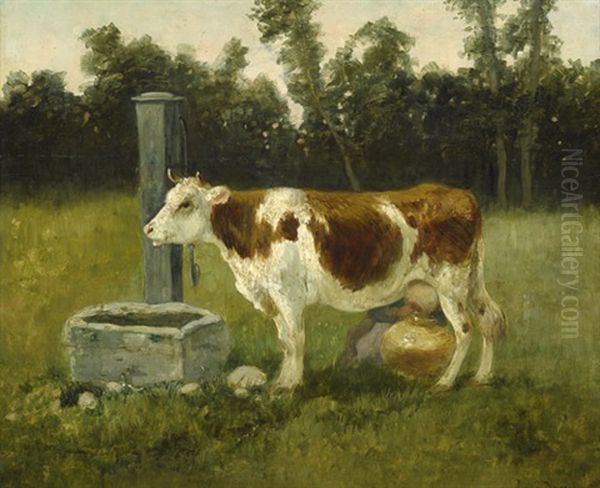 Braun-weis Gefleckte Kuh Auf Einer Weide Mit Melkerin Oil Painting by Rosa Bonheur