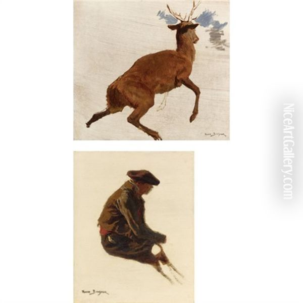 Study: Stag (+ Study: A Man, Smllr; 2 Works) Oil Painting by Rosa Bonheur