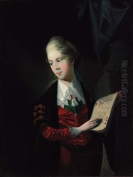 Portrait Of A Gentleman, Small Three-quarter-length, In Academicrobes, Holding A Document, Standing By A Draped Plinth; Andportrait Of A Lady, Small Three-quarter-length, Mourning The Deathof Tancred Oil Painting by Edward Alcock