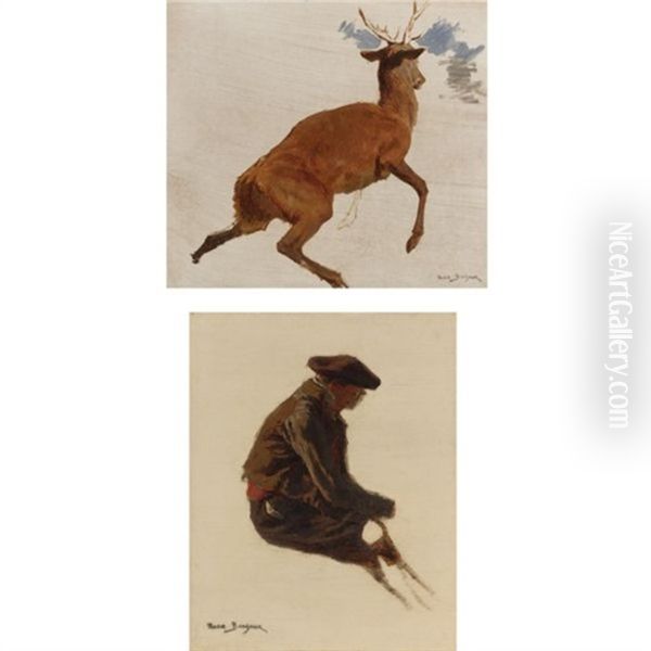 Stag (+ Man; 2 Studies) Oil Painting by Rosa Bonheur