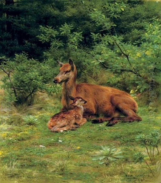 Biche Et Faon Dans Un Sous-bois - A Doe And Her Fawn In A Thicket Oil Painting by Rosa Bonheur