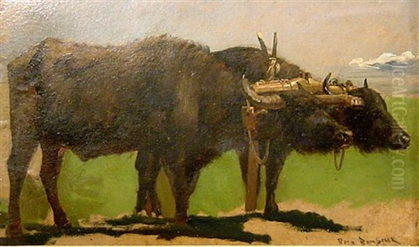 Zwei Ochsen Am Feldesrand (study) Oil Painting by Rosa Bonheur