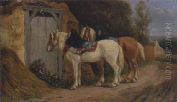 Zwei Pferde In Farbenfrohen Geschirr Vor Einem Tor Oil Painting by Rosa Bonheur